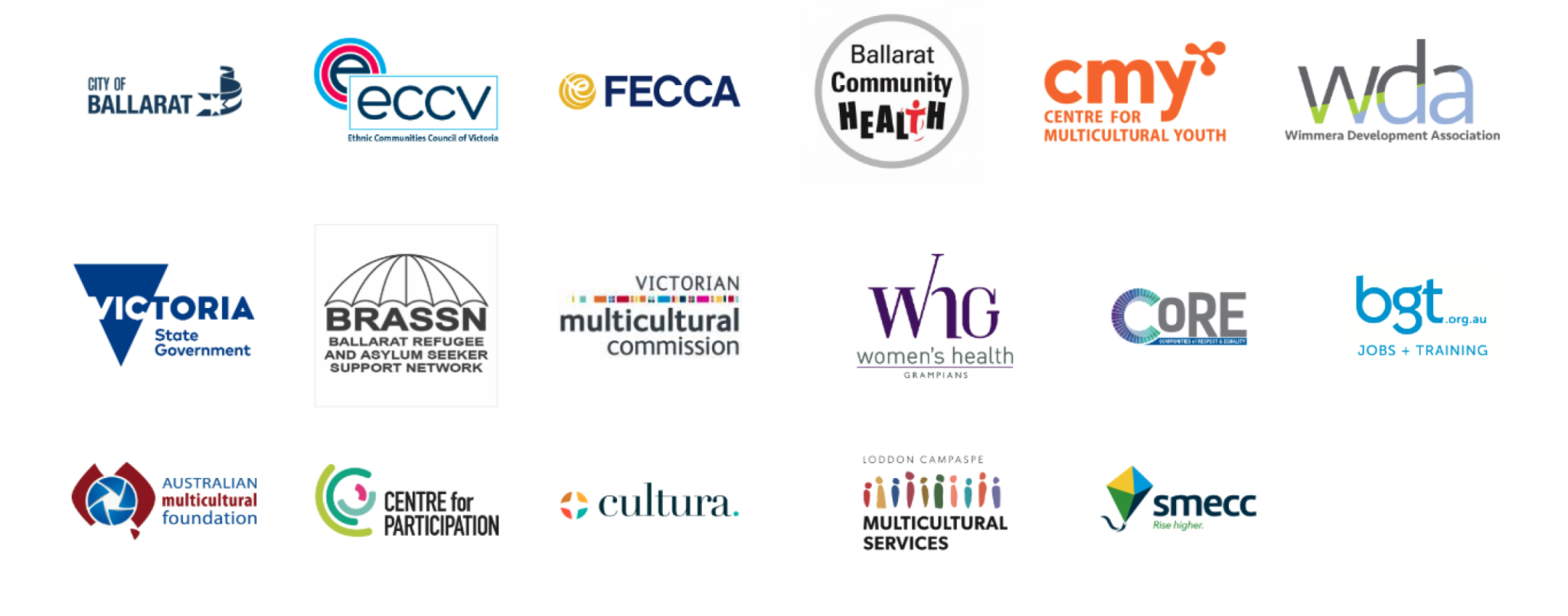 Logos of multicultural and community organisations in Australia.