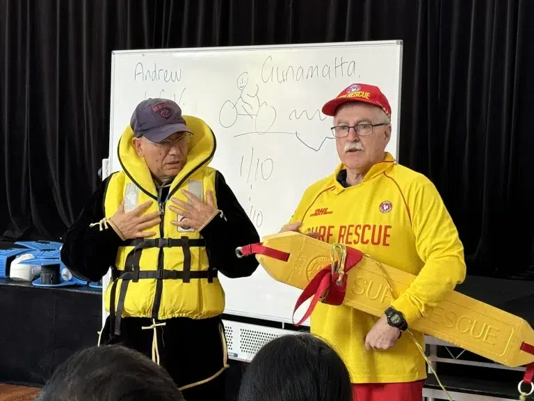 Two men in safety gear at rescue demonstration.