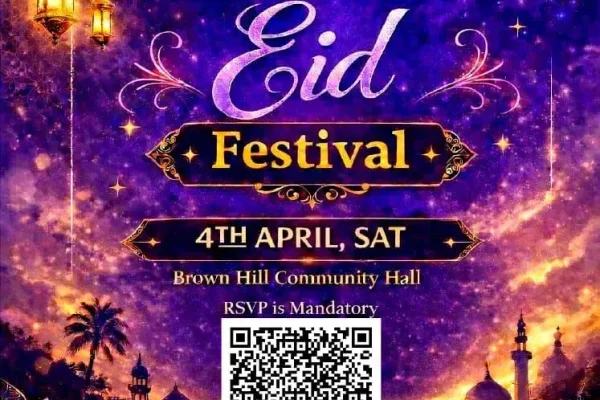Eid Festival flyer with event details and QR code.